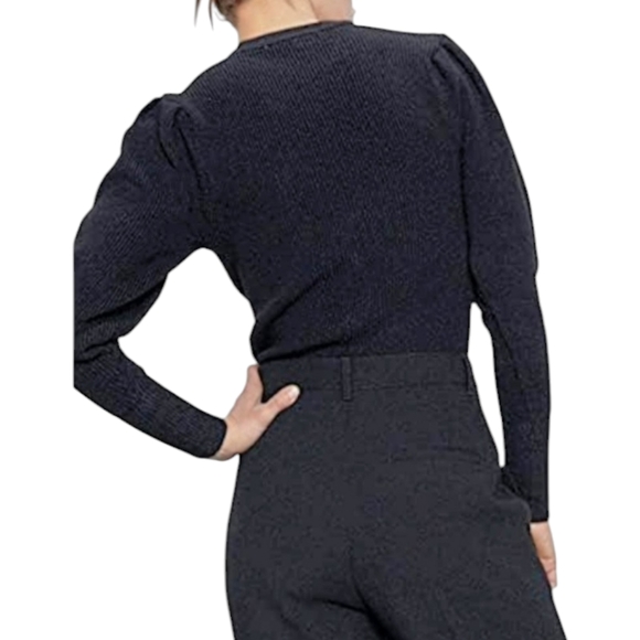 Zara Baloon Puff Sleeve Ribbed Crewneck Jet Black Sweater - Picture 2 of 13
